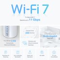 Info-afbeelding van WiFi 7 met 9300 Mbps, 2.5G connectiviteit, 200+ apparaten, en Tri-Band WiFi 7.
