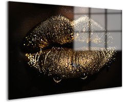 Lippen glasschilderij - Goud - Glamour - Luxe - Wanddecoratie woonkamer - Schilderij plexiglas - Decoratie kantoor - Slaapkamer accessoires - 90x60 cm