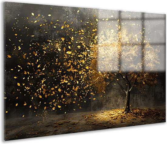 Boom glasschilderij - Muurdecoratie glas - Natuur - Bladeren - Goud - Zwart - Landelijke schilderijen - Schilderij kantoor - Muurdecoratie slaapkamer - Plexiglas schilderij 120x80 cm