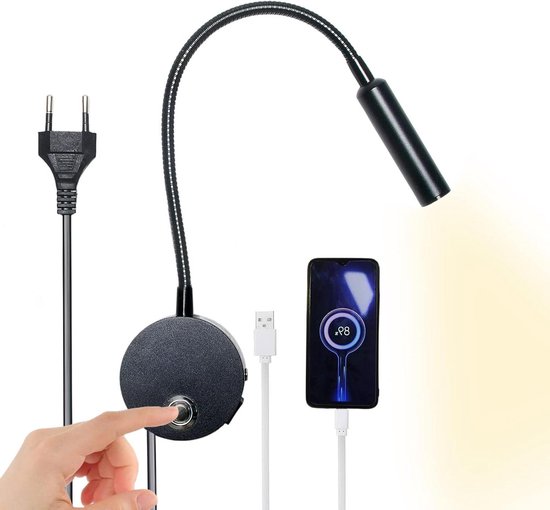 Dimbare Wandleeslamp met USB-oplaadpoort en Stekker, 3-Kleuren LED Bedlamp Flexibele Wandlamp, Wandlamp met Stekker(Zwart