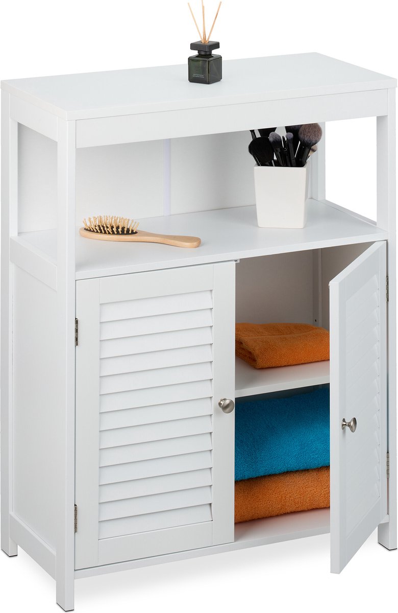 GOTOTOP Badkamerkast van hout, wit, moderne opbergkast, toiletkast met 2 planken, 1 lade en 1 deur, 80 x 15,5 x 15 cm