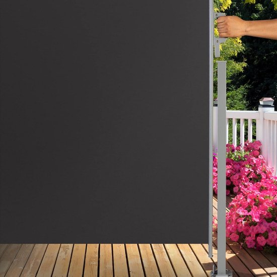 Zijmarkies Met Fotoprint WALD – 300 Cm Breed, 160 Cm Hoog – Inkijkbescherming En Windscherm Voor Terras Of Tuin, Zwart Frame, Uittrekbaar Rechts, Motief Bos