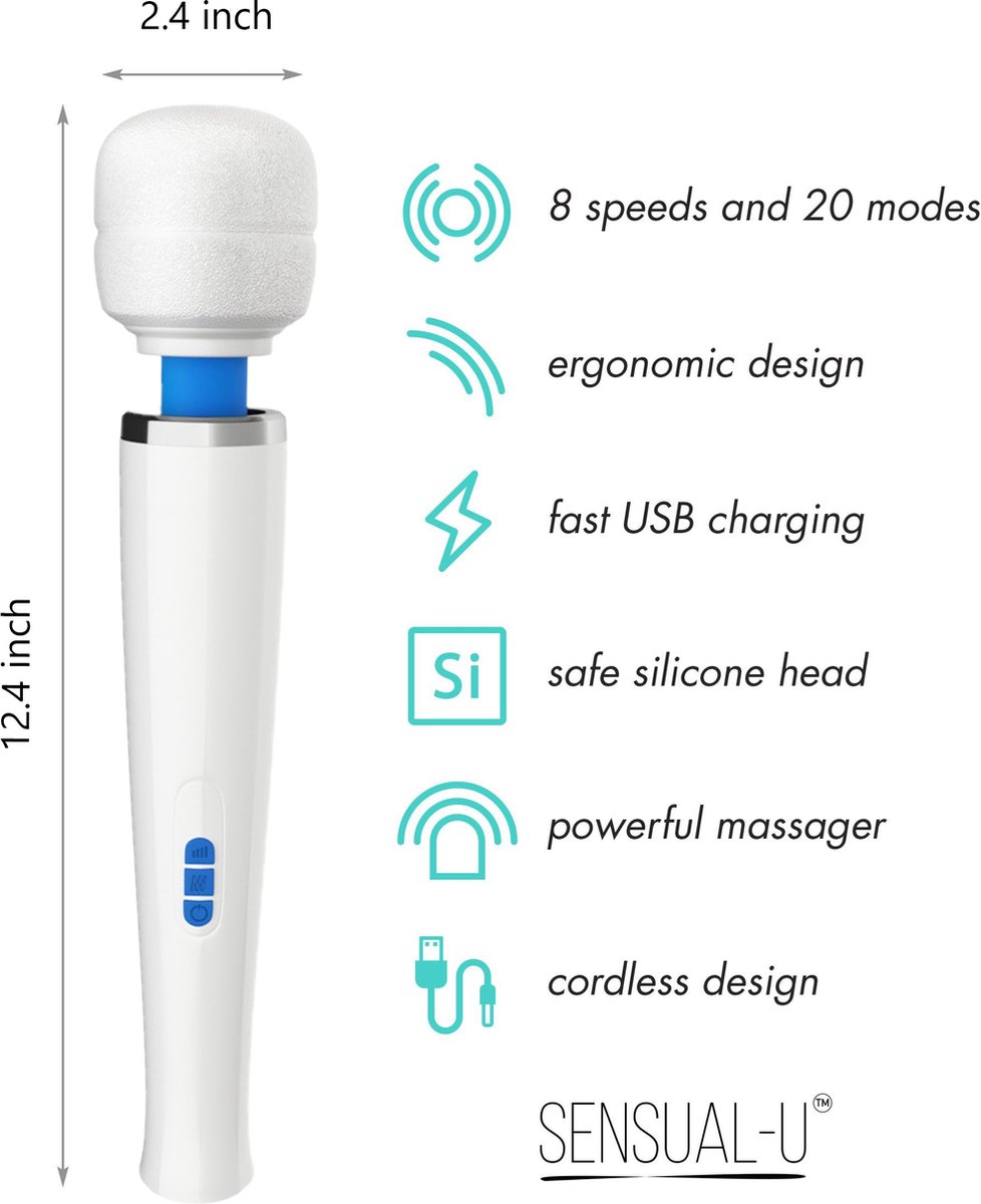 Afbeelding 2 van Sensual-U Premium Magic Wand - Fluisterstille Vibrator voor Vrouwen – Voor Clitorale stimulatie – Seksspeeltje met 8 snelheden en 20 standen – Wit