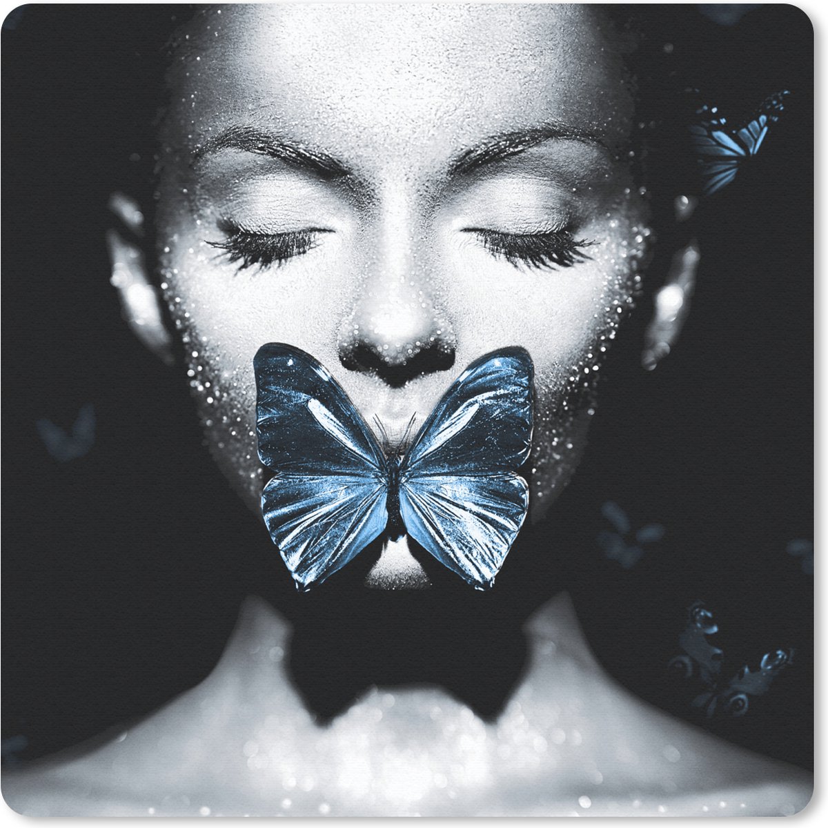 Muismat 30x30 cm - Mousepad Vrouw - Vlinder - Zwart - Wit - Muismatten
