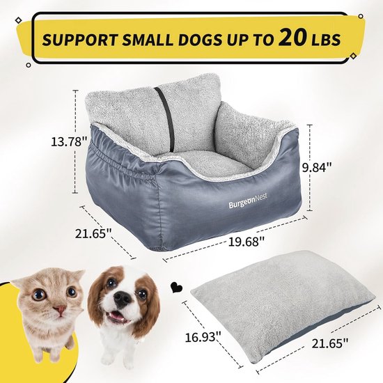BurgeonNest Dog Car Seat for Small Dogs, Fully Removable and Washable Puppy Dog Booster, with Storage Bags and Clip-on Strap, Portable Soft Dog Car, Travel Basket