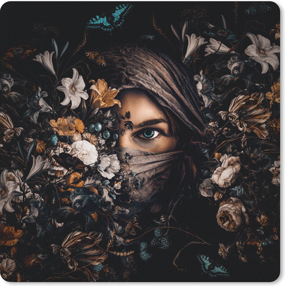 Muismat 30x30 cm - Mousepad Vrouw - Luxe - Bloemen - Vlinder - Portret - Muismatten