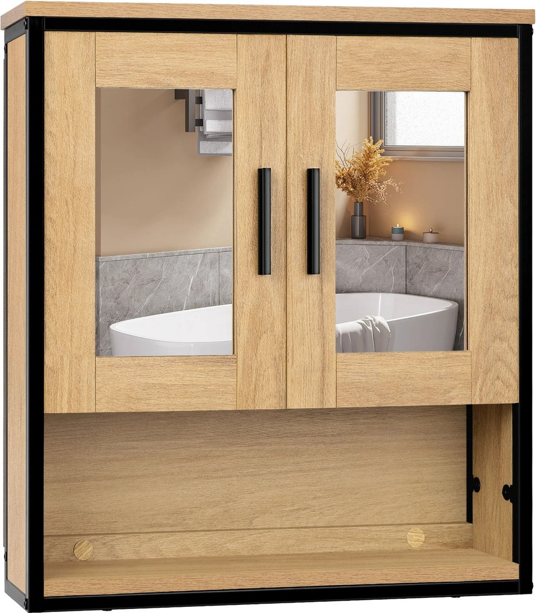 Hangende Badkamerkast met 2 Spiegels - Kast - Verstelbare Planken en 2 Deuren - Wandkast voor Badkameropslag - 56x13x60cm