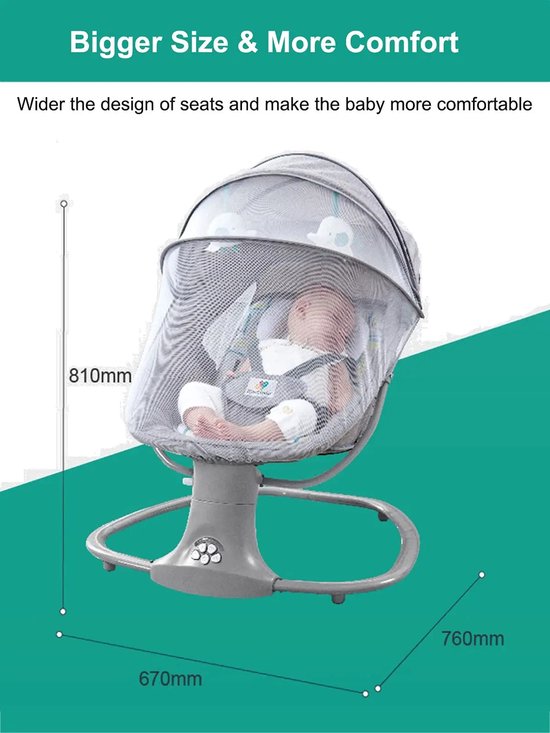 RM Store® - Elektrische Schommelstoel - Schommelwieg - Baby Wieg - Wipstoel - Peuterstoel - Automatische Babywieg - Babyswing - Wiegstoel - Met Muziek - 67x76x81 cm. — afbeelding 4