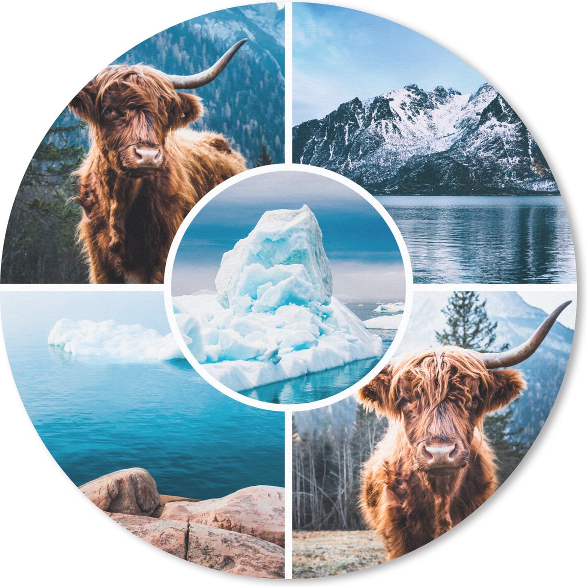 Muismat rond 30x30 cm - Mousepad Schotse hooglander - Collage - IJs - Berg - Ronde muismatten