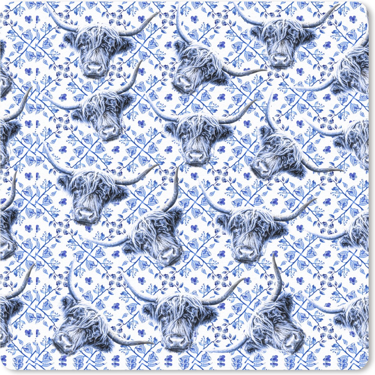 Muismat 20x20 cm - Mousepad Schotse hooglander - Koe - Delfts blauw - Muismatten