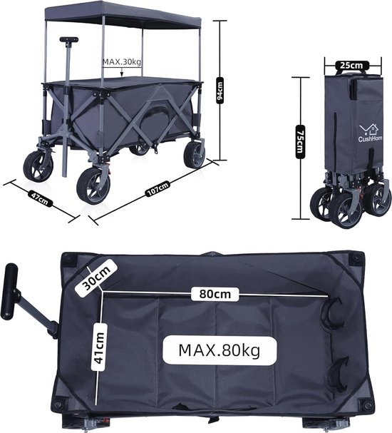 Opvouwbare Bolderkar voor Kinderen met Dak en Tafelblad - Inklapbare Handwagen tot 80 kg met Verstelbare Telescoopsteel en Brede Banden van Opvouwbare Bolderkar — afbeelding 3