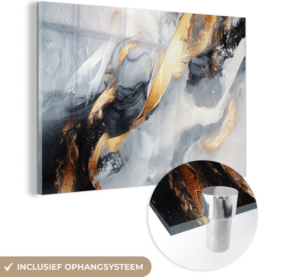 Peinture abstraite sur verre avec de l'or, du gris et du noir, système de suspension inclus.
