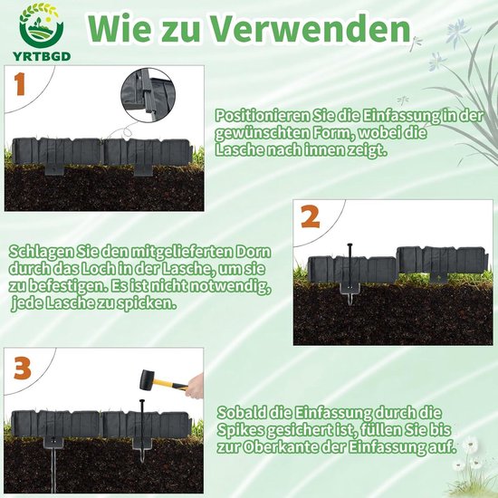 Flexibele Kunststof Gazonrand Borderrand met 30 spijkers (10 m, Groen) - Hoogte 50 mm - Tuinafboording zonder graven - Makkelijk te plaatsen
