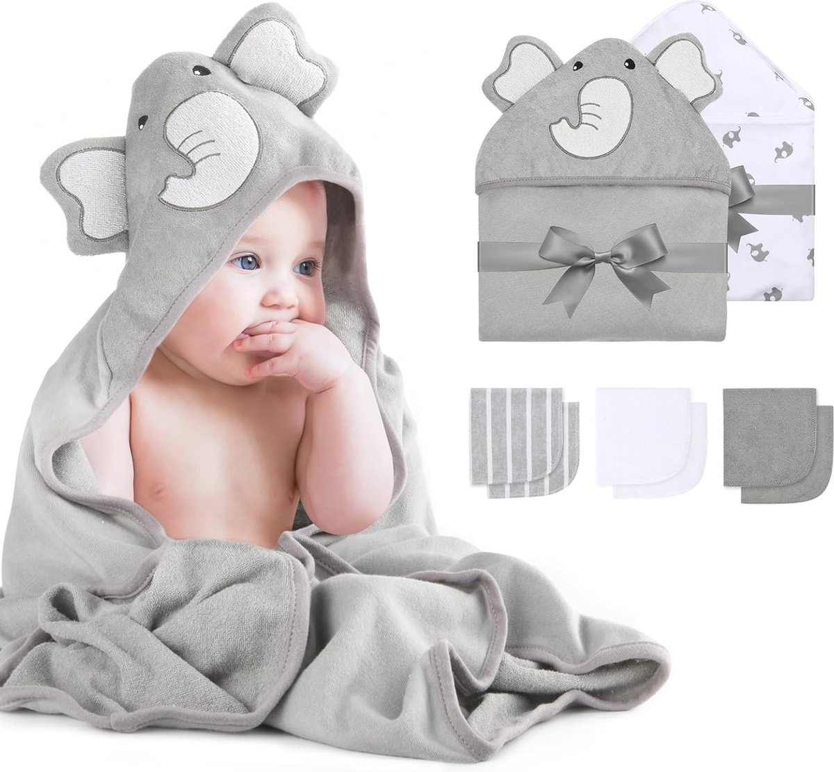 Image of 8-delige babyhanddoekenset met capuchon en washandjes voor pasgeborenen