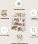 Houten poppenhuis met infographics: stevige constructie, uniek ontwerp, minimumleeftijd 3+, bevordert ontwikkeling, getest volgens EN71, inclusief 19-delige meubels.