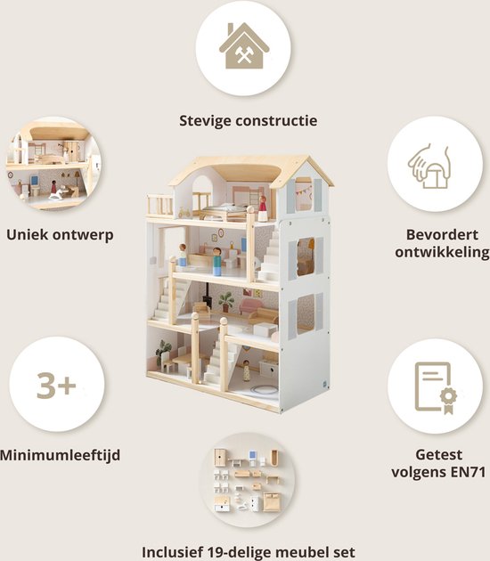 Houten poppenhuis met infographics: stevige constructie, uniek ontwerp, minimumleeftijd 3+, bevordert ontwikkeling, getest volgens EN71, inclusief 19-delige meubels.