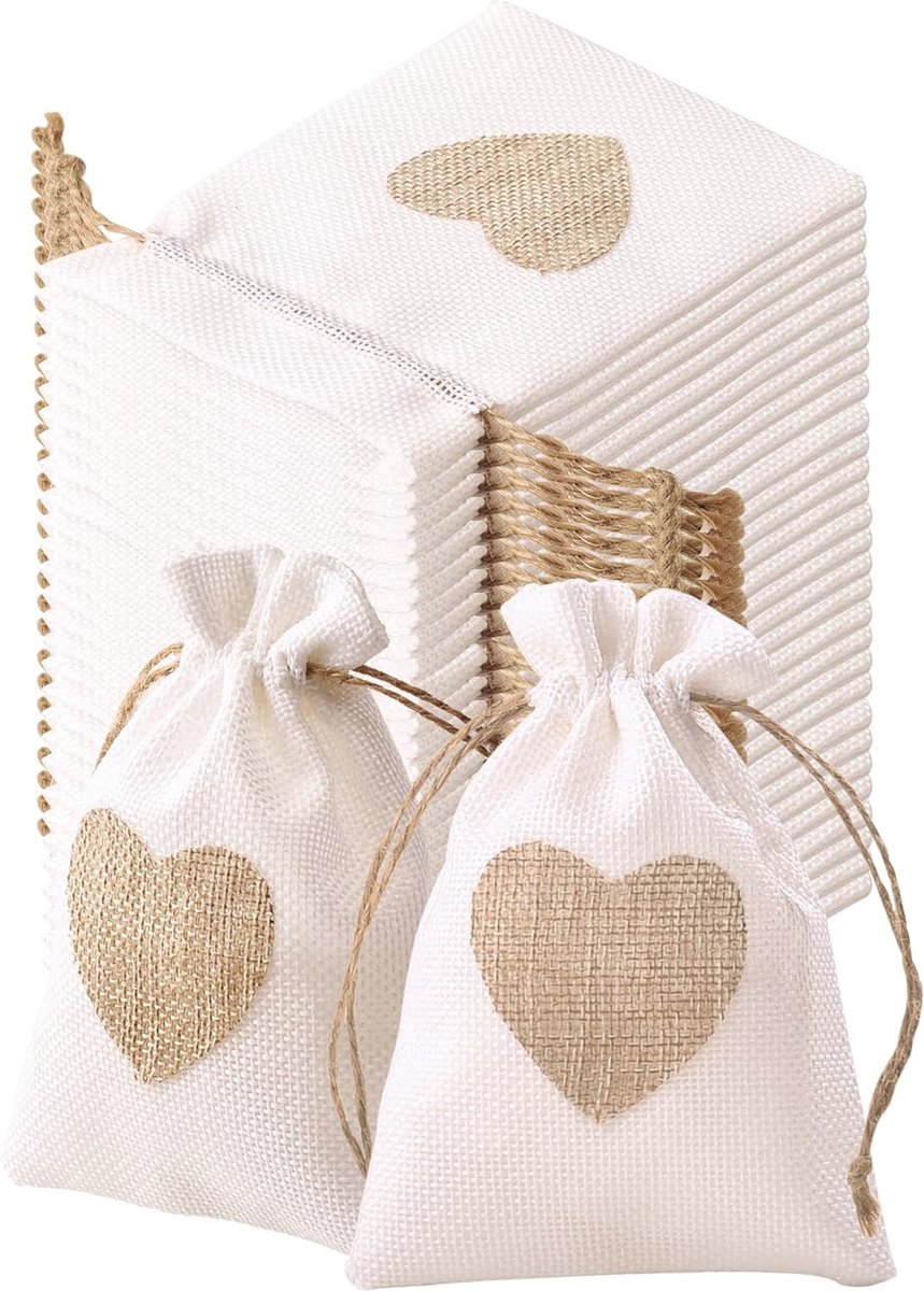 30 Jute Zakjes 10 x 14 cm - Cadeauzakjes met Hartpatroon - Herbruikbare Cadeauverpakking voor Sieraden en Feestjes
