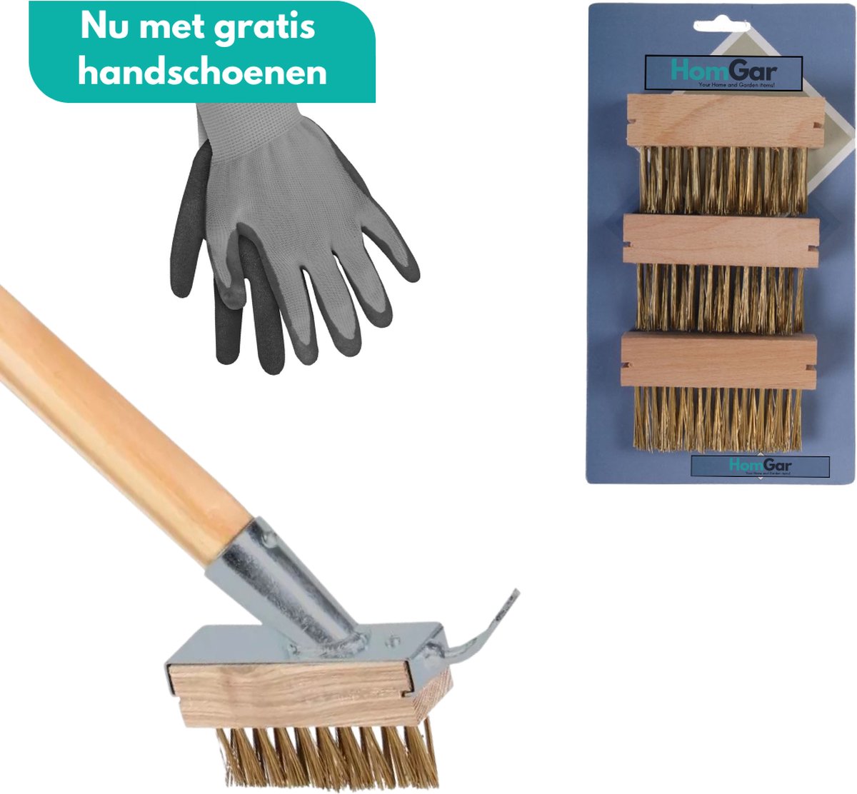 Tuilana ® – COMBIDEAL - Onkruidborstel - Essenhouten steel - 160 cm - Met 3 reserve borstels - Met GRATIS tuinhandschoenen