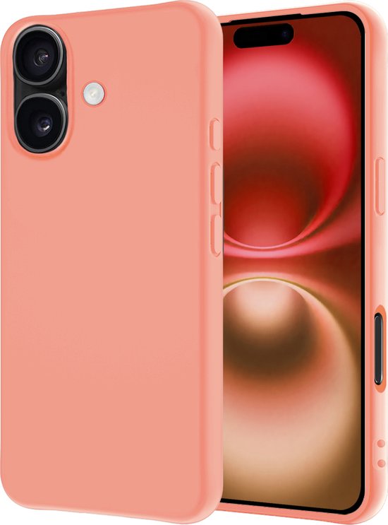 Coque de téléphone pêche avec double appareil photo, à côté d'un téléphone à écran rouge abstrait.