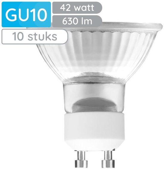 Enkele GU10 halogeenlamp, 42 watt, 630 lumen, 10 stuks.