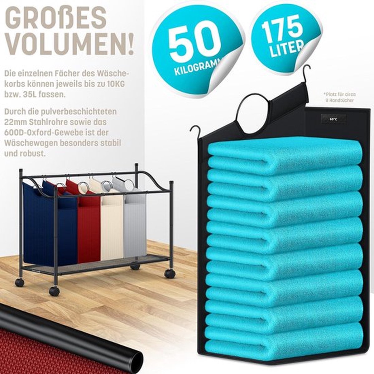 en.casa] Wasmand Vamdrup met 4 zakken 75x78x40 cm zwart