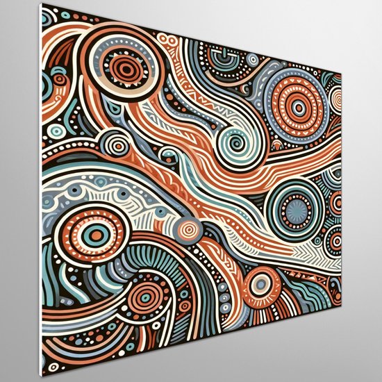Abstract aboriginal schilderij | Inheems mysterie: een moderne interpretatie van traditionele Aboriginal kunst | Kunst - 60x60 centimeter op Canvas | Foto op Canvas