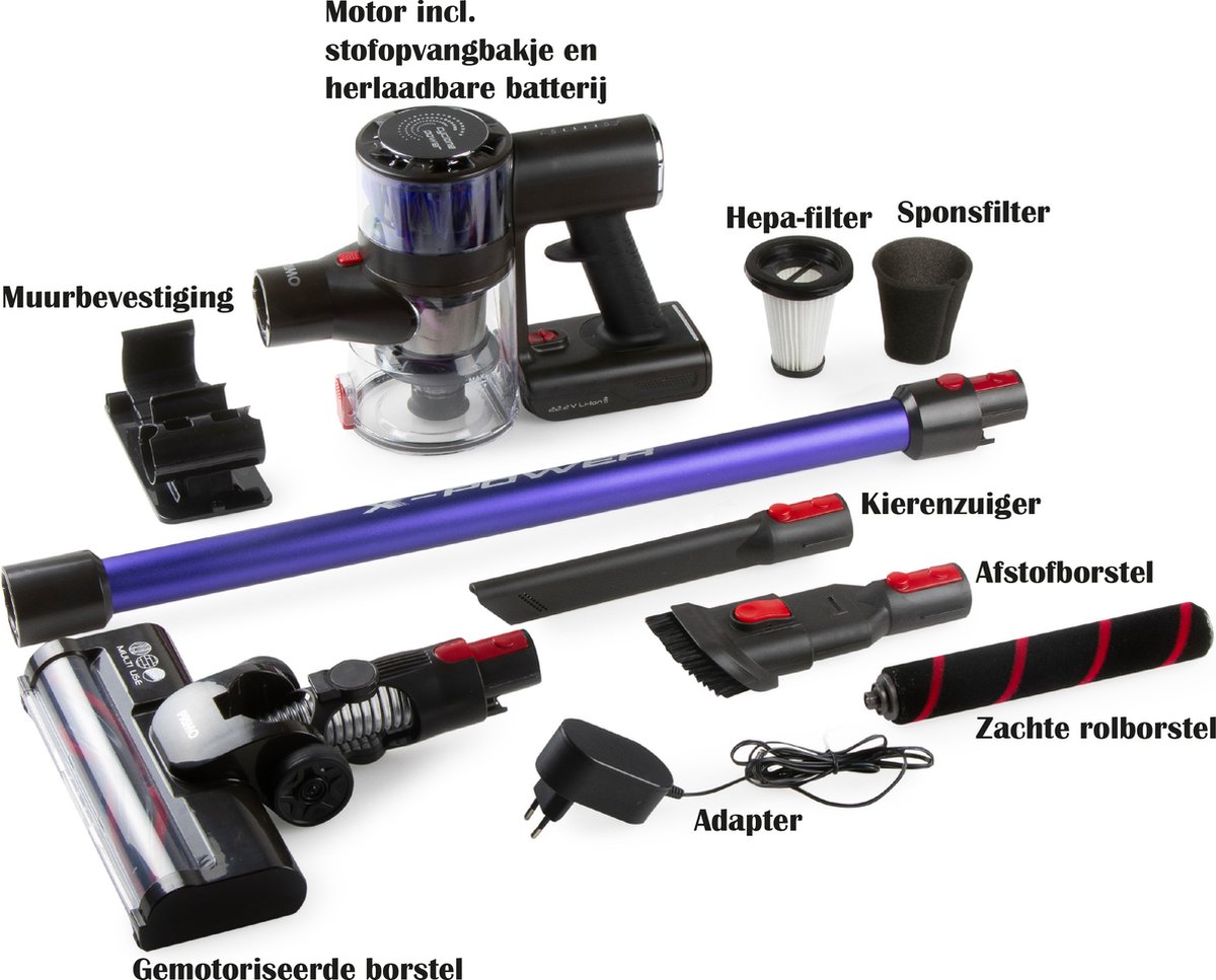 PRIMO PR511SV 3-in-1 BLDC Steelstofzuiger Draadloos - Stofzuiger zonder zak - Kruimelzuiger - Max power 20 kPa - Blauw/Rood – foto 7