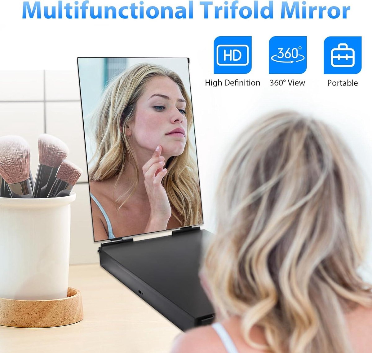 Miroir 3 Faces Pliable 360° – Réglable En Hauteur, Pour Coiffure, Rasage, Maquillage, Sans LED - 3