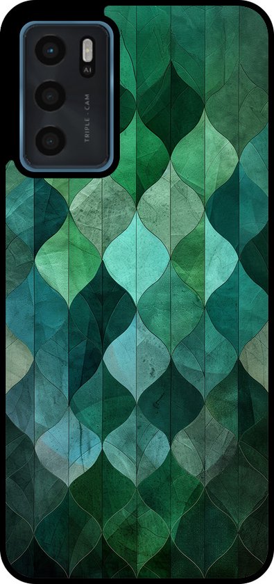Coque de téléphone avec un motif de feuilles vertes et bleues.
