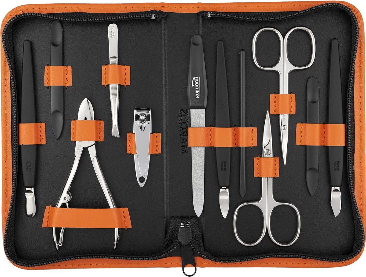 Mega Manicureset 12-delig Nagelset voor Heren en Dames in Echt Lederen Etui bokkenpootje nagels