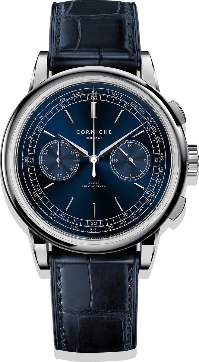 Corniche Heritage Chronograph C65409 Heren Horloge - Chronograaf - Saffierglas - Roestvrijstaal-Leer - Blauw-Zilver - Ø 39 mm - Hybrid