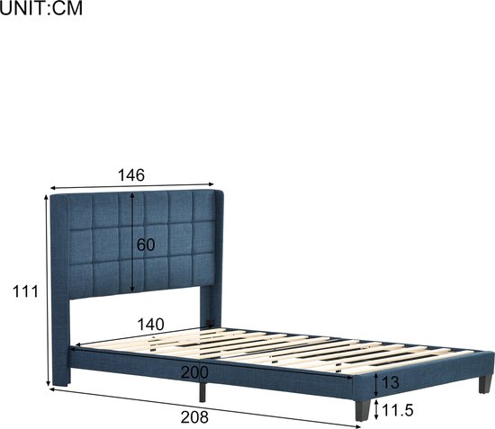 Merax Lit Double Rembourré 140x200cm avec Matras Mousse Froide 7 Zone - Lit Luxe avec Sommier à Lattes - Blauw