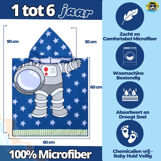 BoefieBoef Kinder Badponcho - Baby Badcape - Microfiber Kleuter Badjas Met Capuchon - Kerst Cadeau - Peuter Strandponcho Voor Kinderen tot 6 jaar - 60x90cm - Astronaut Blauw - jongens - meisje - Peuter - Zomer - Strandlaken - Surfponcho - Dreumes van Merkloos — afbeelding 2