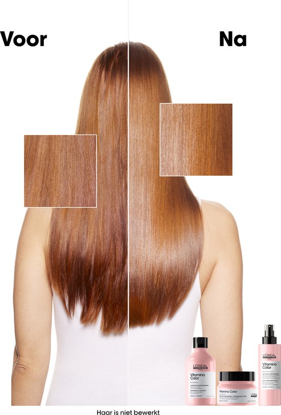 Voor-en-na foto van steil roodbruin haar. Na de behandeling is het haar glanzender en ziet het er gezonder uit.