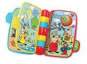 Open VTech Bumba Muziekboekje met illustraties van Bumba, olifant, aapje, vogels, vlinder en eendje. Met rode, gele en blauwe stapelringen.