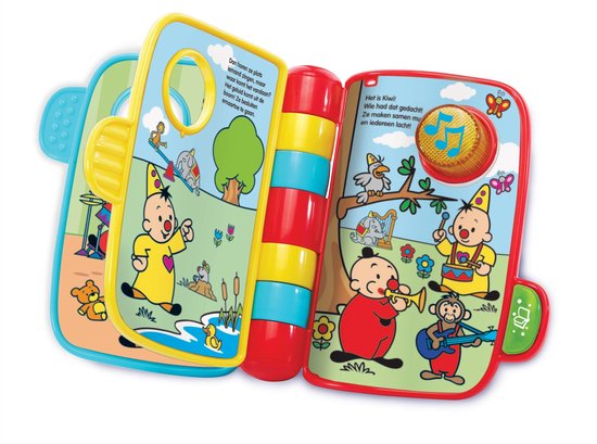 Open VTech Bumba Muziekboekje met illustraties van Bumba, olifant, aapje, vogels, vlinder en eendje. Met rode, gele en blauwe stapelringen.