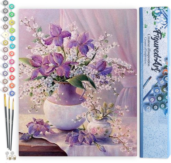 Figured'Art Schilderen op Nummer Volwassenen met lijst - Witte bloem - Handwerk acrylverf Kit DIY Compleet - 40x50cm Canvas al ingelijst