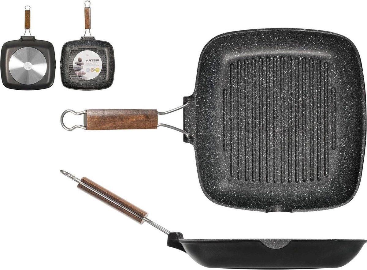 Stenen grillpan met antiaanbaklaag - Inklapbare handgreep - 28x cm - Voor gebruik met H&h