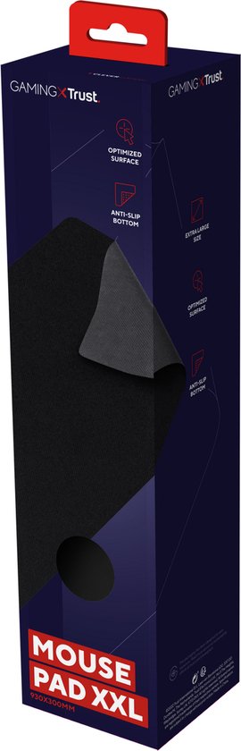 Verpakking van de Trust GXT 758 muismat, XXL formaat. Met afbeelding van de muismat en specificaties.