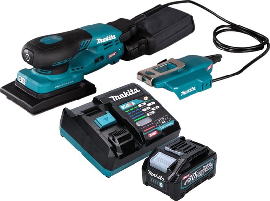 Turquoise Makita accuschuurmachine met zwarte details, inclusief oplader en 4.0 Ah accu.