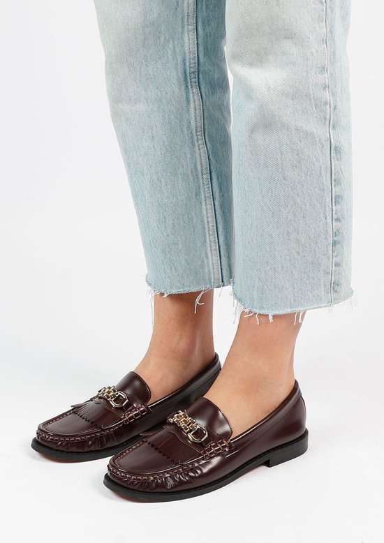 Sacha Dames Bruine leren loafers met goudkleurige chain Maat 36 bol