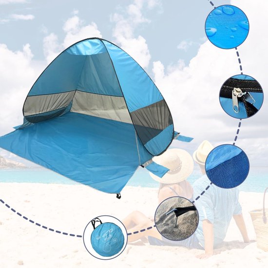 Pop-up strandschelptent 2 personen 200 x 165 x 130 cm uv-bescherming opbergtas haringen strandtent zonwering (lichtblauw) van POP — afbeelding 5