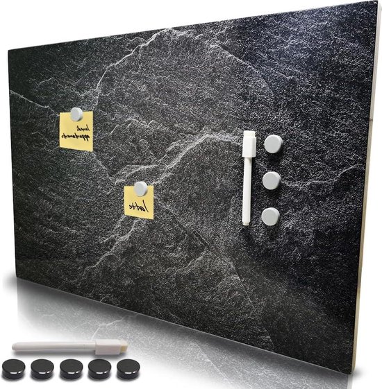 BAKAJI Magneetbord beschrijfbaar en uitwisbaar, bord met 5 magneten en 1 marker, memobord voor de muur, ideaal voor keuken, woonkamer, ingang, 60 x 40 cm (marmer