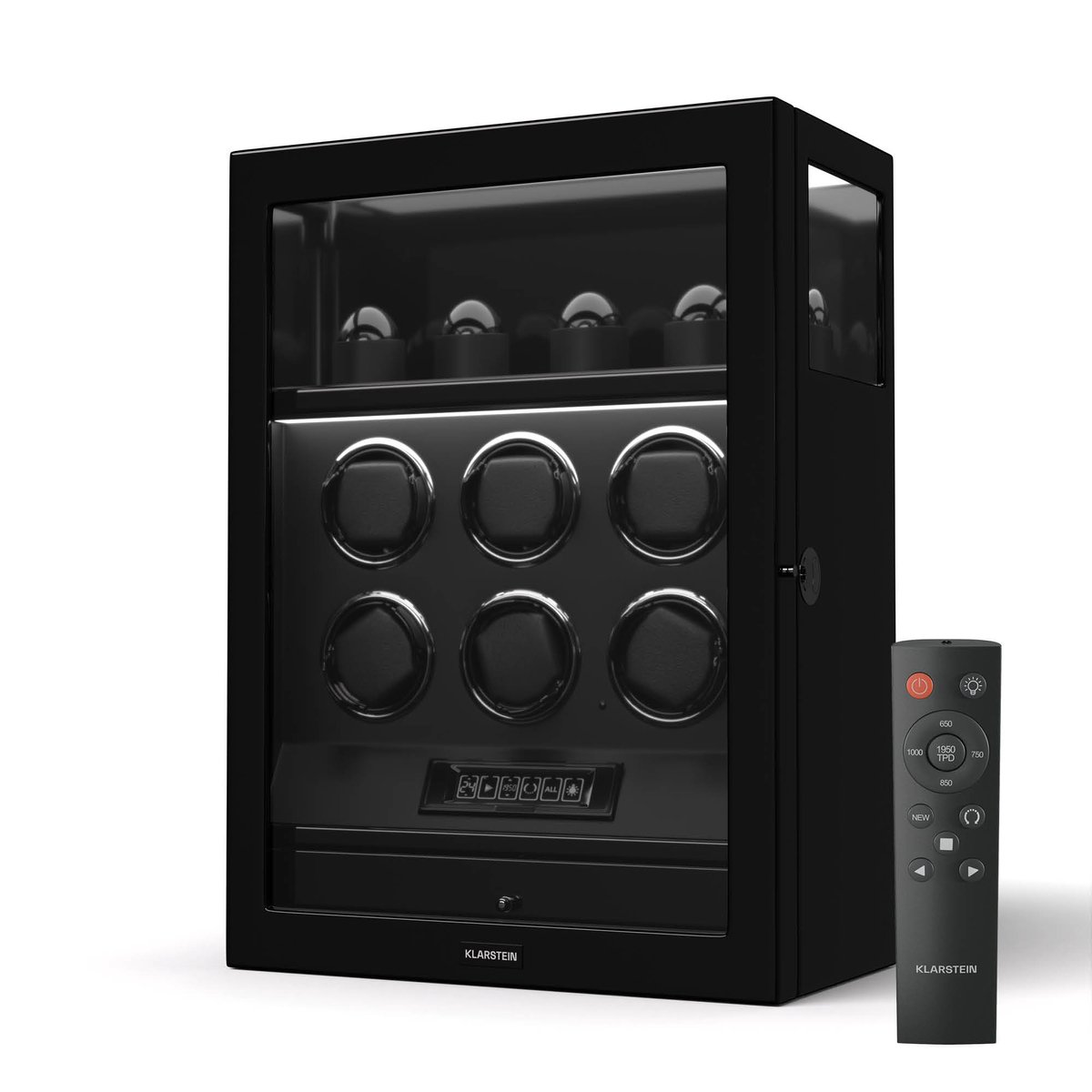 Klarstein Securetouch Watch Winder voor 6 Horloges - Automatische horlogewinder met vingerafdrukslot - Fluisterstille Japanse Motor - LCD-Display en afstandsbediening - LED-Verlichting - Sieradenlade - Zwart