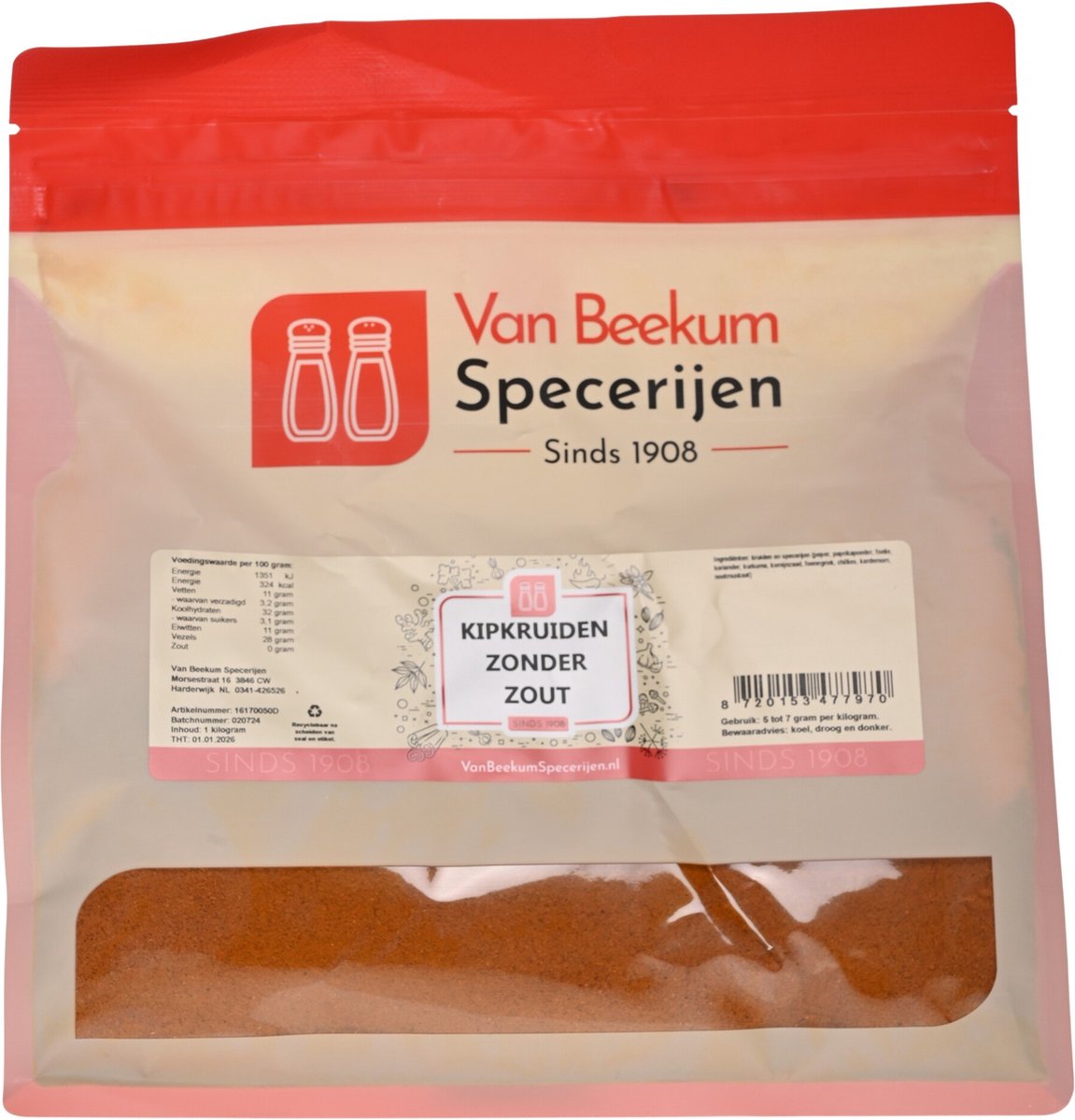 Goedkoopste Van Beekum Specerijen - Kipkruiden Zonder Zout - 1 kilo (hersluitbare stazak