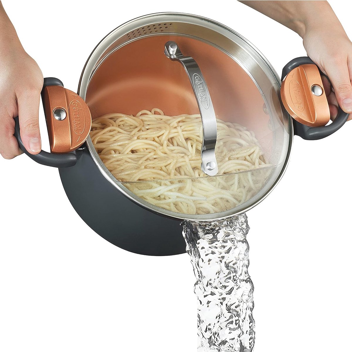 5 Quart Multifunctionele Pastapot met Zeef en Deksel - Anti-aanbak Keramisch, Twist & Lock Handvatten, Ovenveilig