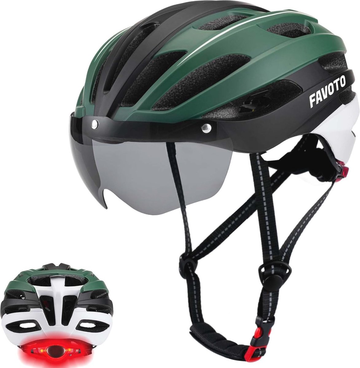 Fietshelm met licht voor volwassenen - Verstelbaar, afneembaar vizier, L 57-61 cm, zwart/groen