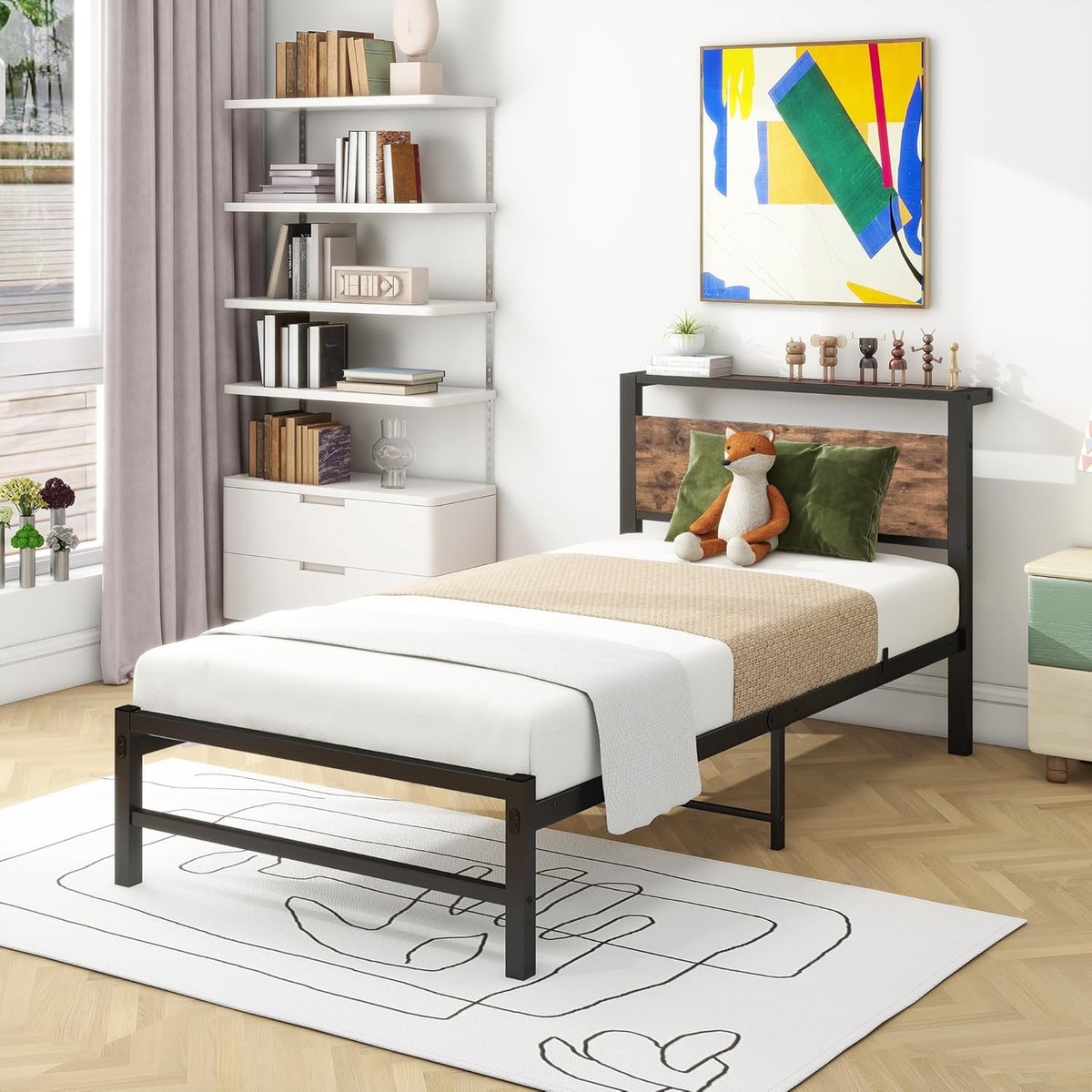 Goodivery ® Binnenhuisstijl Metaal Bedframe met Houten Hoofdeinde en Sterke Lattenbodem