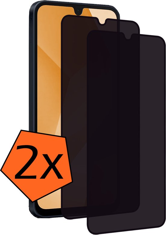 Een smartphone met twee privacy screenprotectors erop, met een oranje label '2x'.