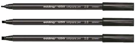 Drie zwarte edding 1255 kalligrafie pennen met puntdiktes 2.0, 3.5 en 5.0 mm.